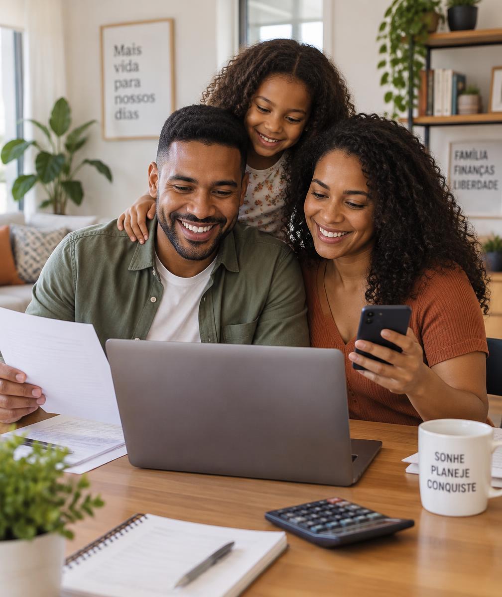Família organizando as finanças em casa